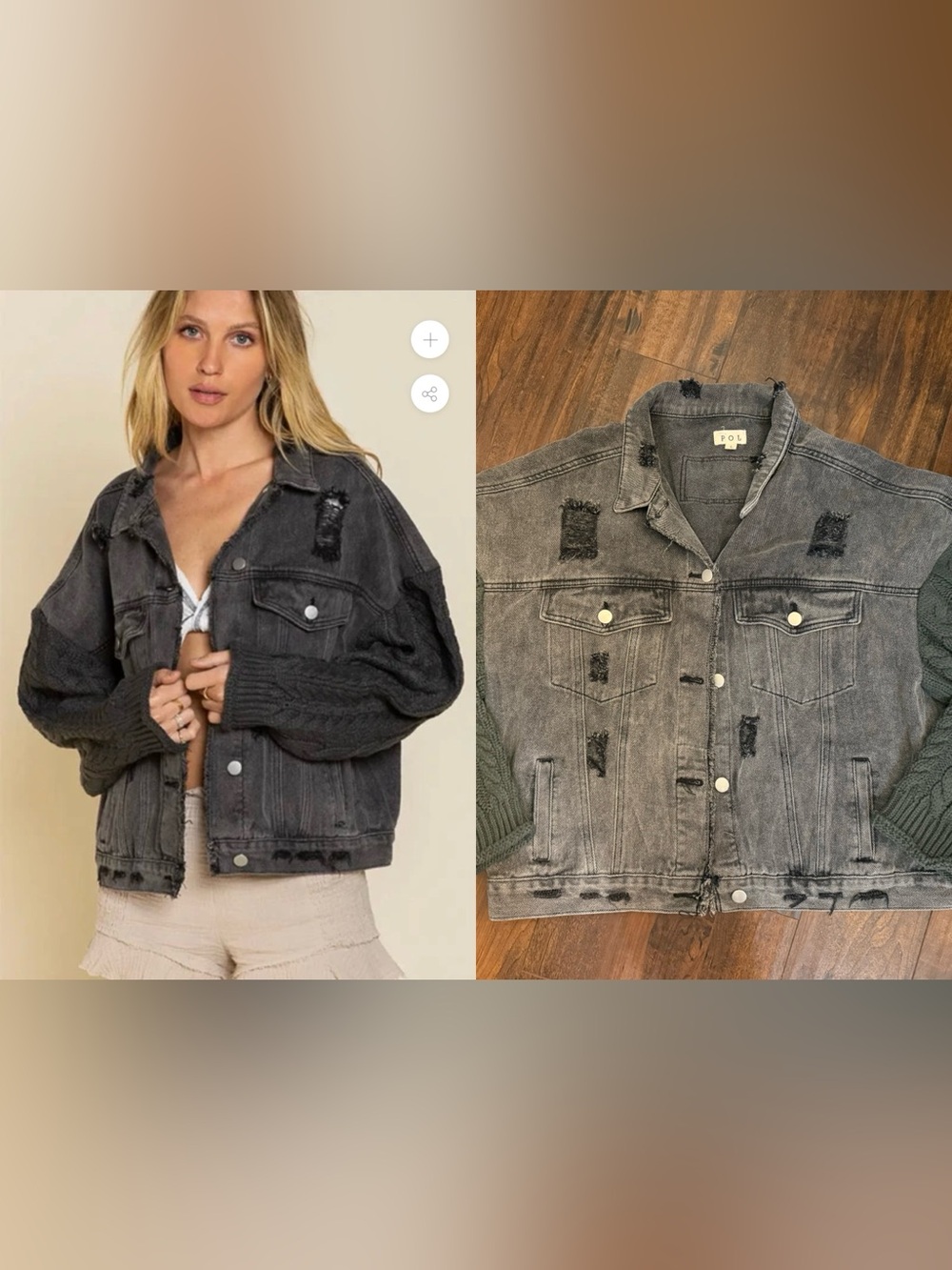 POL Washed Charcoal Black Distressed Denim Jacket with Dark Knit Sleeves Large